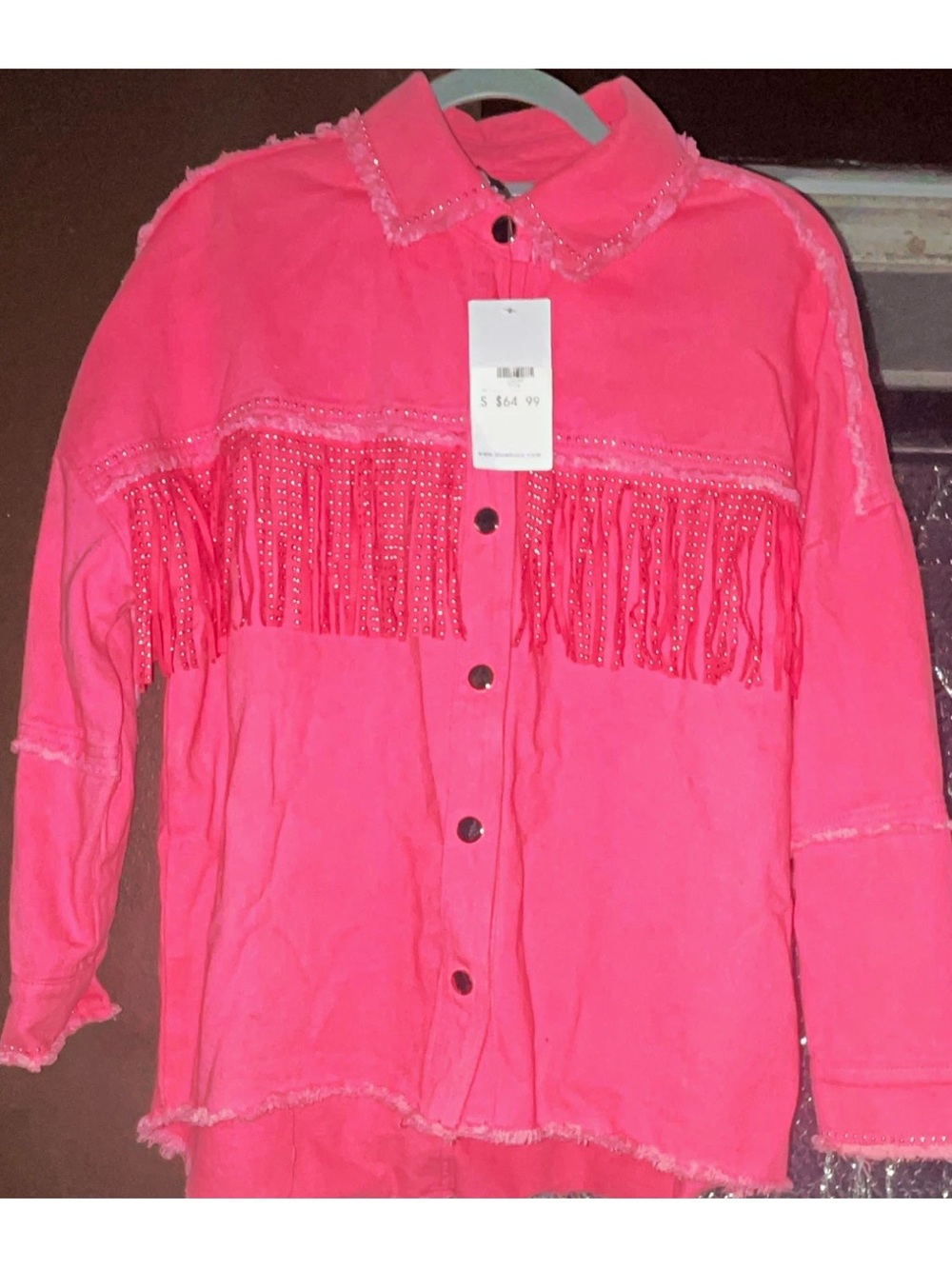 Bright Pink Fringe Button-Front Jean Jacket